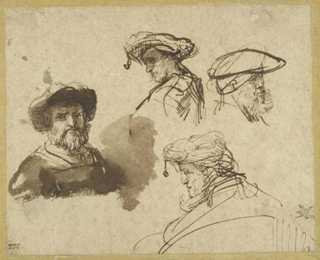  04AbramsArt Rembrandt Harmensz. van Rijn Four Studies of Male Heads Rembrandt Harmensz. van Rijn Dutch, 1606-1669 Four Srudies t{l'viale I leads,. c. 1636 Brown ink and brown wash on antique laid paper 126 x 158 mm Maida and George Abrams Collection, Boston, Massachusetts
